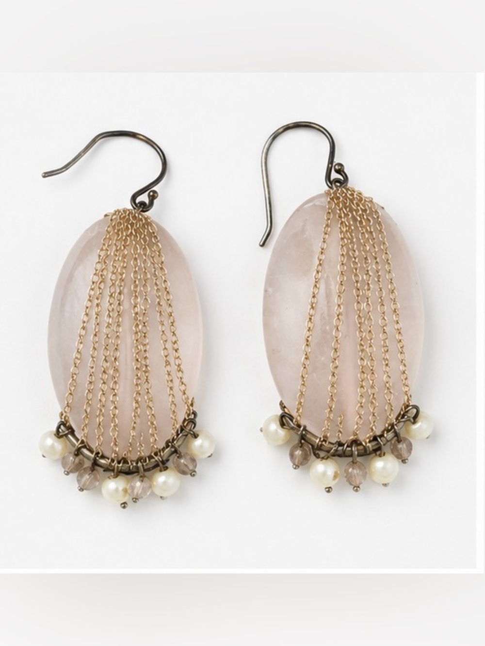 Vintage BCBG MaxAzria Oval Rose Quartz 14K Gold Chain Earrings
